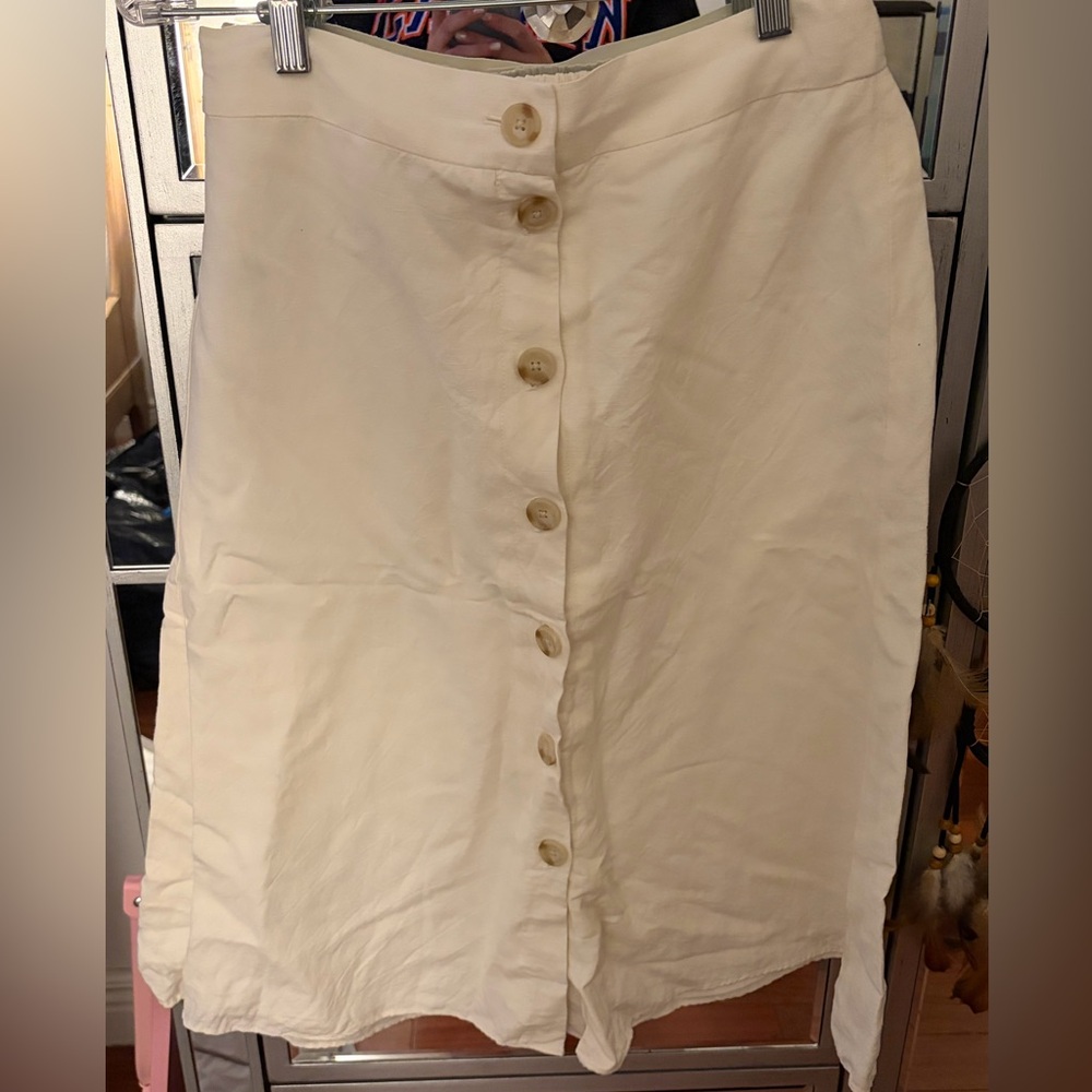 LOFT Cream Button-Front A-Line Coastal Linen Skirt